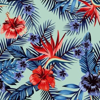 Blue style hibiscus plumeria flowers palm banana leaves seamless vector pattern light background. Beach wallpaper fabric trendy design