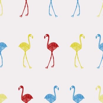Multicolor hand drawn flamingo in pencil seamless pattern white background. Cartoon wallpaper
