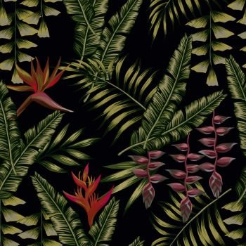 Tropical jungle flowers bird of paradise, strelizia banana tropical leaves seamless pattern black background