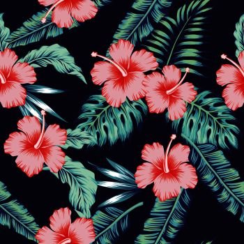 Exotic tropical flowers pink hibiscus green monstera palm leaves pattern seamless. Dark blue vector vintage wallpaper
