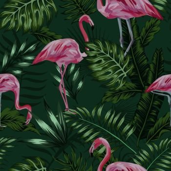 Exotic bird pink flamingo on the green jungle plant, palm leaves, monstera seamless pattern. Summer illustration
