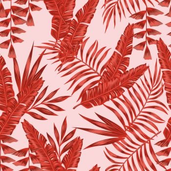 Tropical abstract living coral leaves seamless pattern pink background