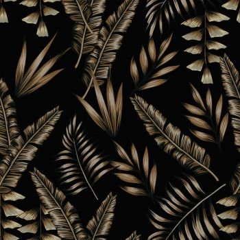 Exotic spring tropical banana leaves seamless black background. Vector summer pattern