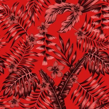 Tropical exotic plants abstract burgundy colors flowers and leaves seamless living color background. Trendy botanical pattern
