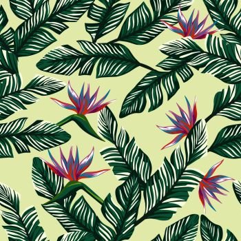 Exotic flowers bird of paradise (strelizia) abstract color and green tropical banana leaves on the beach sand background pattern. Realistic vector seamless botanical composition