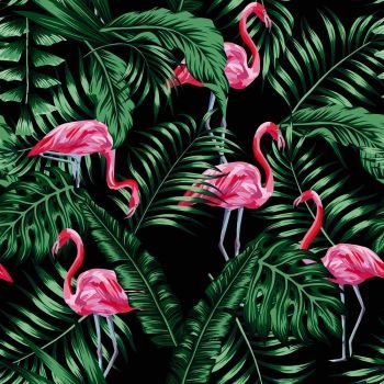 Green tropical palm banana leaves and beautifulexotic bird pink flamingo seamless vector pattern on the black background