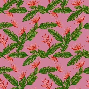Seamless exotic composition from green tropical banana leaves and orange flowers bird of paradise (strelizia) on the fashion pink background