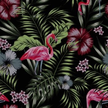 Beautiful tropical bird pink flamingo with flowers hibiscus, plumeria (frangipani) and palm, banana leaves composition. Vector seamless pattern on the black background