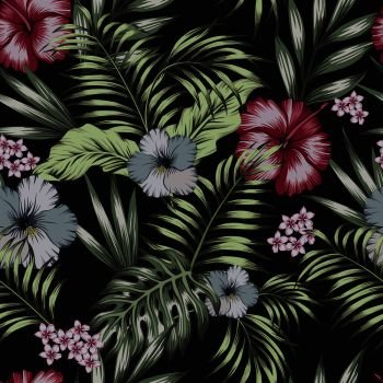 Tropical exotic flowers hibiscus, frangipani (plumeria) and palm, banana leaves composition. Vector seamless pattern on the black background