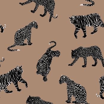 Black white wild animal tiger, panther, leopard, cheetah seamless pattern on the beige background. Trendy vector composition