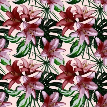 Lily flowers and green tropical leaves seamless design on the white background.