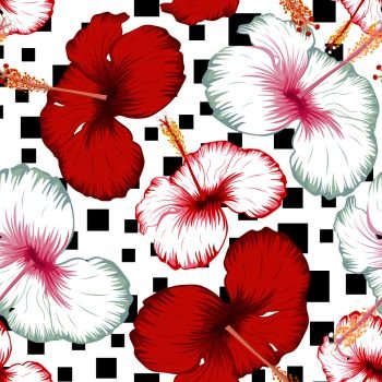 Exotic tropical flowers red and white hibiscus seamless pattern realistic vector on the abstract black square white background