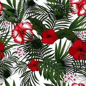 Tropical exotic realistic flowers plumeria (frangipani) and white, red hibiscus, green palm, banana leaves seamless vector pattern on the white background