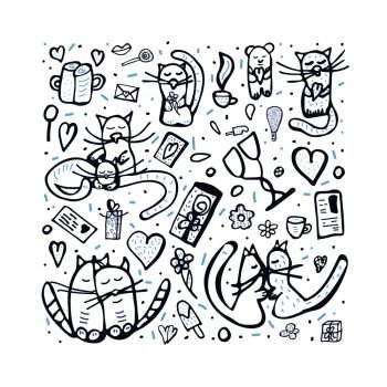 Doodle set with cute love symbols. Cats and valentine day objects. Vector illustration. 