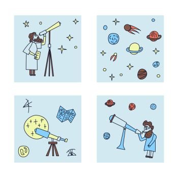 Vector set of design of astronomer and astronomic objects.
