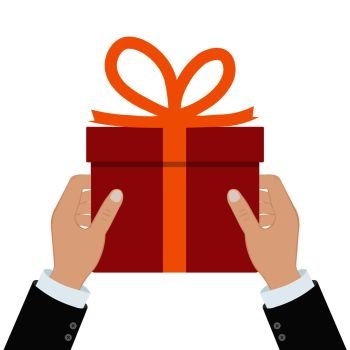 Give a gift. A man holds a red gift box with an orange ribbon in his hands.Giving, receiving surprise. Vector illustration flat design. Delivery of gifts for holiday. Isolated on background.