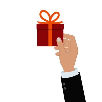 hands with red gift box with opaque bow. Vector illustration in a flat style on a green background