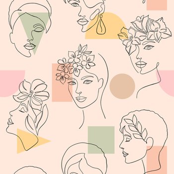 Seamless pattern with women faces  and  geometric shapes on light background.
