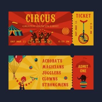Set circus show horizontal tickets front and back side vector templates in flat style with sample text.