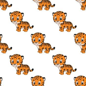 Colored seamless pattern with cute cartoon character. Simple flat vector illustration isolated on white background. Design wallpaper, fabric, wrapping paper, covers, websites.. Happy tiger. Colored seamless pattern with cute cartoon character. Simple flat vector illustration isolated on white background. Design wallpaper, fabric, wrapping paper, covers, websites.