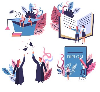 Students and academic hat, school and university graduation isolated icons vector. Education and knowledge, Master or Bachelor degree receiving. reading books and writing diploma, subject learning. Academic hat and graduated students, school or university graduation isolated icons