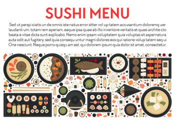 Seafood, Japanese food, sushi and soups, green tea and rolls banner vector. Fish on skewer and salmon, wasabi and soy sauce, bowl and plate, teapot and cup. Oriental cuisine, miso soup, prawn and tuna. Sushi menu and Japanese food banner, seafood and green tea