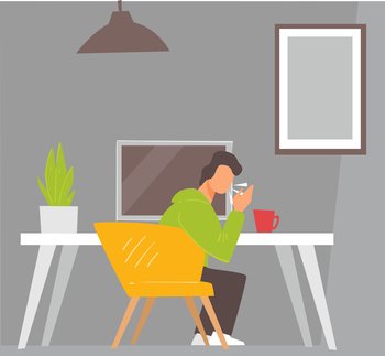 Man working at home or office coughing and sneezing. Sick personage in workplace spreading disease or sickness, symptoms of coronavirus. Male character freelancer in room. Vector in flat style. Male character coughing and sneezing at working space