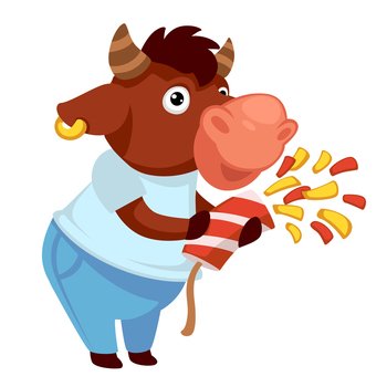 Celebrating bull character popping cracker with confetti. Isolated animal personage, celebration and festivity. Congratulations or greetings from buffalo. Symbol of 2021 mascot or sticker vector. Bull with confetti celebrating holiday, festivity of buffalo