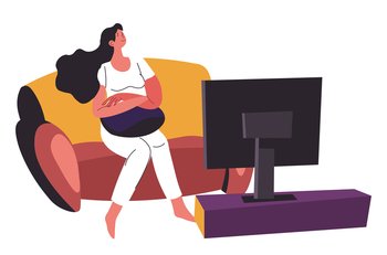 Female character watching tv set sitting in living room. Lady on sofa looking at monitor, television show. Relaxing weekends or evening of introverted personage, joyful girl vector in flat style. Woman watching television sitting on couch at home