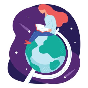 Geography and astronomy lessons, student learning information from books. Female character sitting on globe surrounded by stars of outer space. University or college disciplines, vector in flat style. Student learning geography and astronomy in university vector
