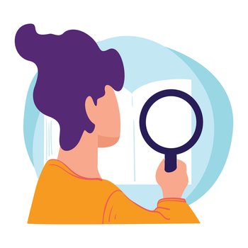 Reading book and searching for information in publication. Personage using magnifying glass, education or self development, personal growth. Preparation for university exams vector in flat style. Searching or examining book, reading info in publication