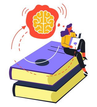 Personage studying with help of books and published sources. Development of skills, self education. Lady with textbook learning information, broadening mind preparing for exams vector in flat style. Self education and knowledge obtaining by reading books