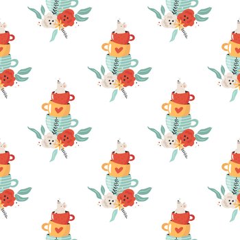Seamless pattern with mouse from Alice in Wonderland sitting in tea cup. Vector illustration with animal character. Seamless pattern with mouse sitting in tea cup
