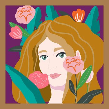 Abstract portrait of a bright, beautiful woman on a purple background surrounded by flowers and leaves. Vector illustration