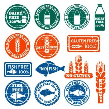  Set of grunge stamps with allergen icons. Gluten, fish, dairy, lactose free icons . Vector illustration. Allergen