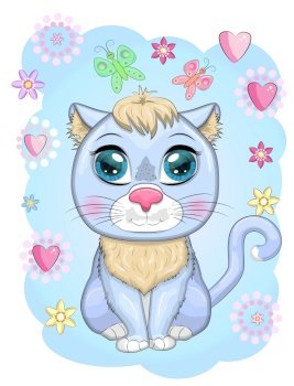 Cute cartoon blue cat, kitten on a background of flowers. Wild animals, character, childrens cute style.. Cute cartoon blue cat, kitten on a background of flowers