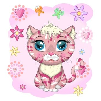 Pink and spotted cat with beautiful eyes among flowers, balloons in cartoon style, colorful illustration for children. greeting card. Pink and spotted cat with beautiful eyes in cartoon style, colorful illustration for children.