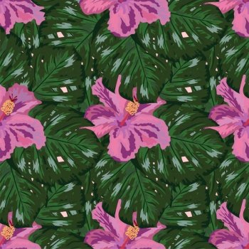 Tropical flowers and palm leaves on background. Seamless pattern.. Tropical flowers and palm leaves on background. Seamless.