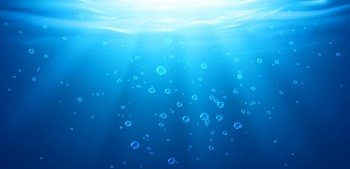 Underwater background, water surface, ocean, sea, swimming pool transparent aqua texture with air bubbles, ripples and sun rays falling, template for advertising. Realistic 3d vector illustration. Underwater background, water surface, ocean or sea