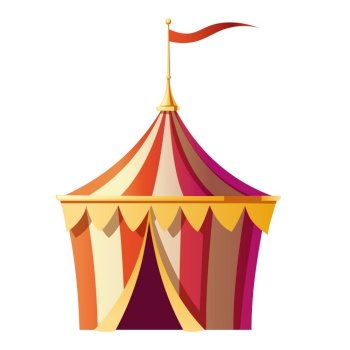 Circus tent with red and white stripes on carnival funfair, amusement park. Vector cartoon icon of small marquee, festival kiosk with flag on top and open entrance isolated on white background. Festival tent with red white stripes on funfair