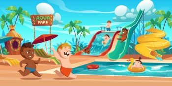 Kids in aquapark, amusement aqua park with water attractions, boys riding slide, girl swimming in pool on inflatable ring, outdoor playground for children entertainment, Cartoon vector illustration. Kids in aquapark, amusement aqua park attractions