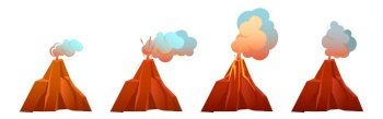 Volcanic eruption in different stages. Volcano erupts with flow lava, fire and clouds of smoke, ash and gases. Vector cartoon set of mountain with crater and hot magma isolated on white background. Volcanic eruption in different stages