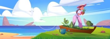 Woman planting flowers in old boat on sea beach. Vector cartoon summer landscape of sand ocean shore with broken ship in grass, watering can and girl in hat holding flower pot. Woman planting flowers in old boat on sea beach