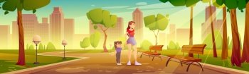 Mother with child walk in city park with green trees and grass, wooden bench, lanterns and town buildings on skyline. Vector cartoon summer landscape with public garden and walking woman with girl. Mother with child walk in city park