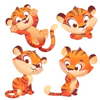 Cute baby tiger character with different emotions. Vector set of cartoon funny kitten plays, thinks and smiling. Creative emoji set, animal mascot isolated on white background. Cute baby tiger character play and think