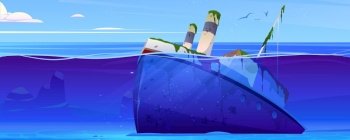 Wreck ship, sunken steamboat with pipes lying on ocean sandy bottom, broken vessel covered with green seaweeds stick up above water surface. Navy scene, pc game background, Cartoon vector illustration. Wreck ship, sunken steamboat with pipes on bottom