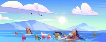Plastic garbage on ocean water surface. Sea landscape with different trash and wastes floating. Ecology pollution, save nature and environment protection eco concept, Cartoon vector illustration. Plastic garbage on ocean water surface, pollution