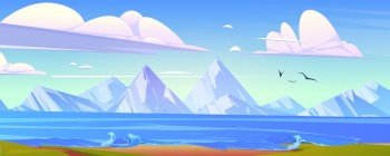River or lake shore with green grass and waves. Vector cartoon illustration of summer landscape with blue water, beach, white mountains on horizon and flying birds. River or lake shore with green grass and mountains