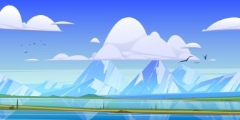 Mountain valley with green field and river. Vector cartoon illustration of summer landscape with blue water of lake, grass, road and rocks and peaks with snow on horizon. Mountain valley with green field and river