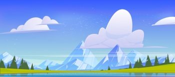 Mountain landscape, nature view with water pond, rock peaks, green field and conifers trees. Calm lake and spruces under blue sky with fluffy clouds, cartoon scenery background, vector illustration. Mountain landscape, nature view with pond, rocks